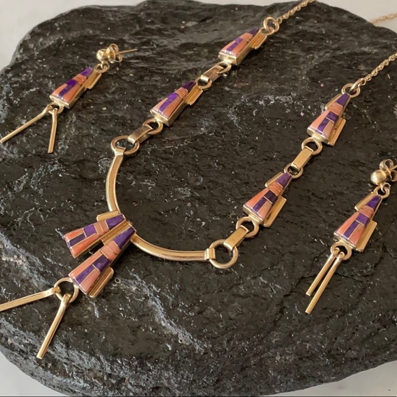 Vintage Navajo Tom David 14K Inlay Necklace and Earrings Native American - Picture 2 of 16